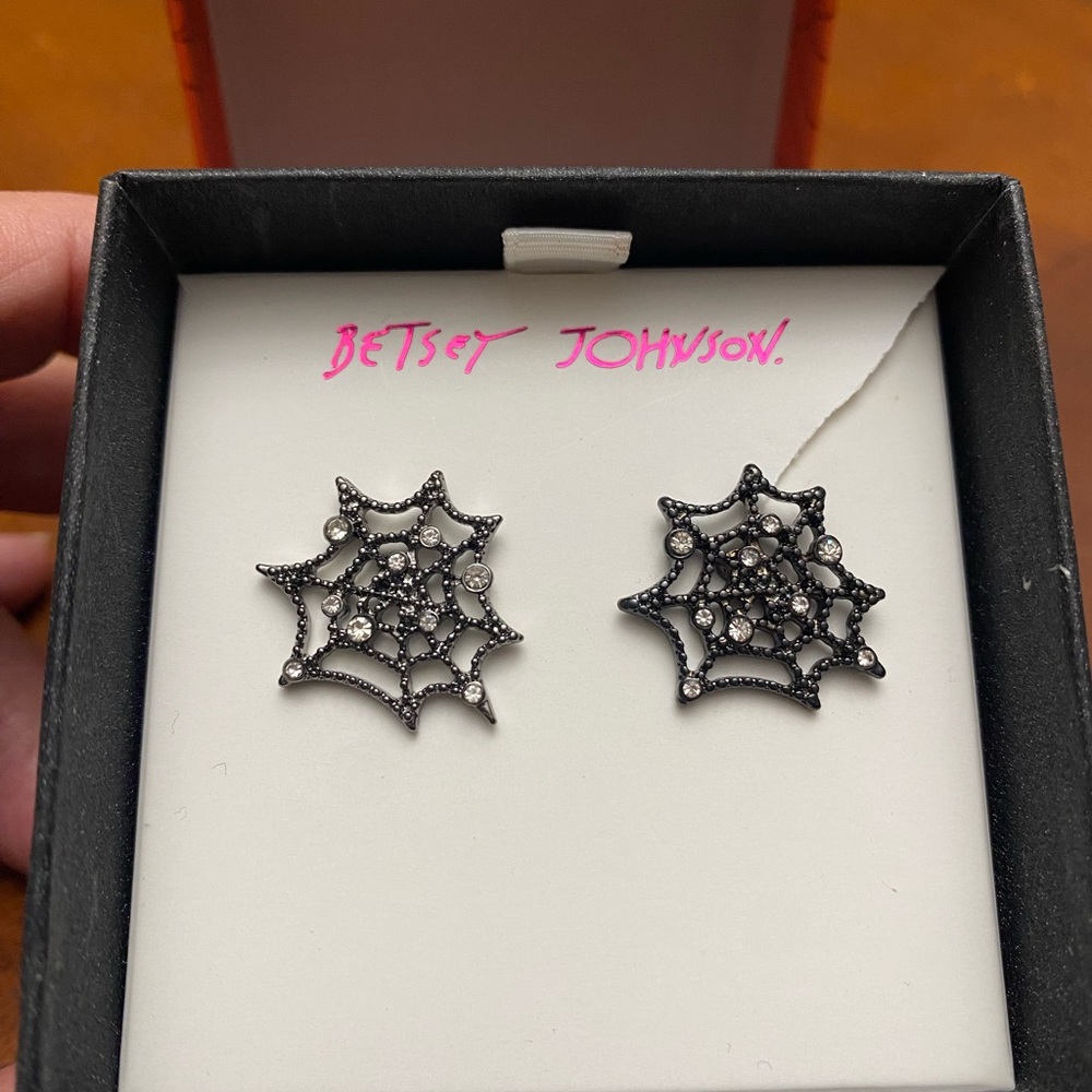 Betsey Johnson Black Crystal Spider Web Earrings